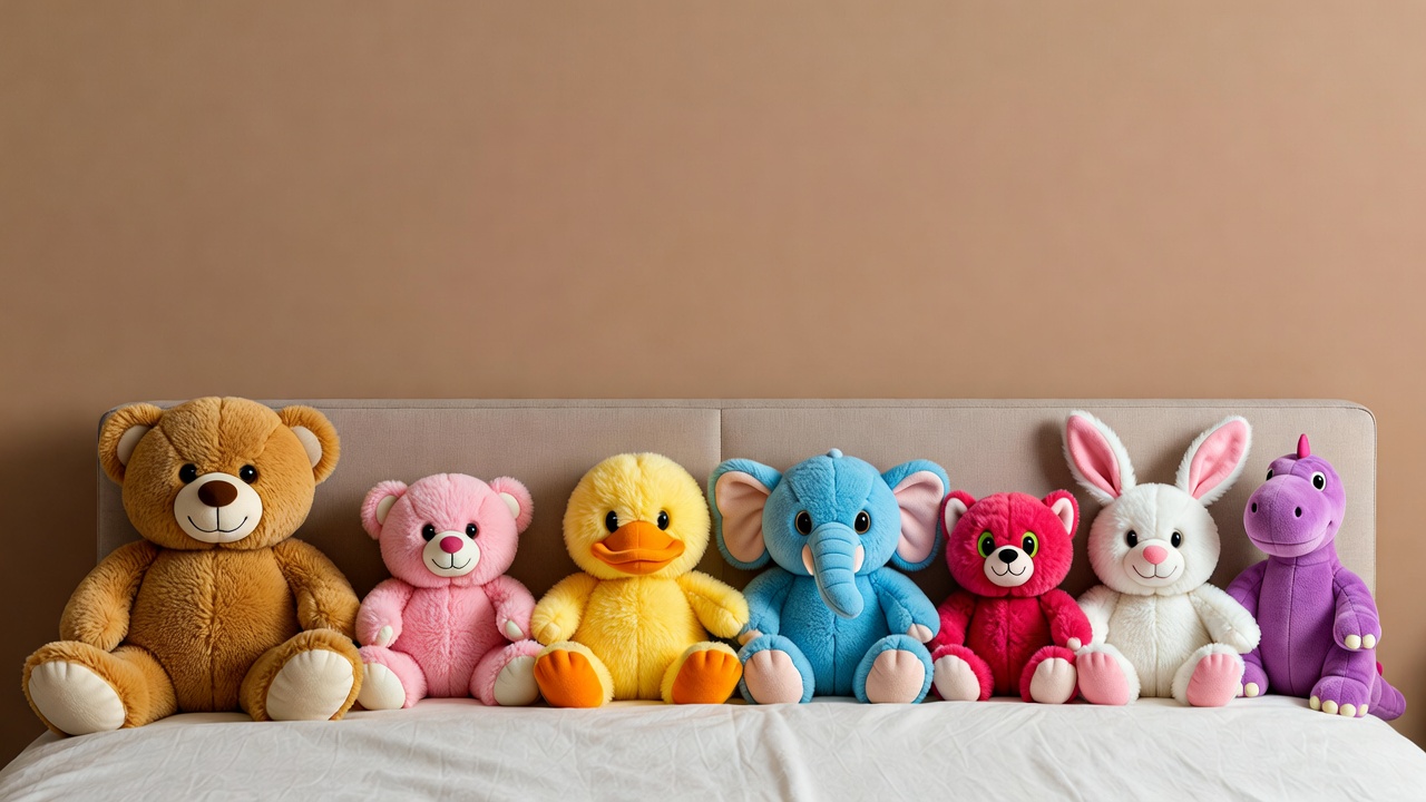Colorful plush animals on bed Colorful plush animals on bed