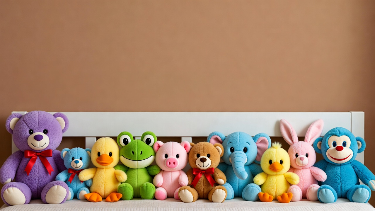 Colorful stuffed animals on bench Colorful stuffed animals on bench