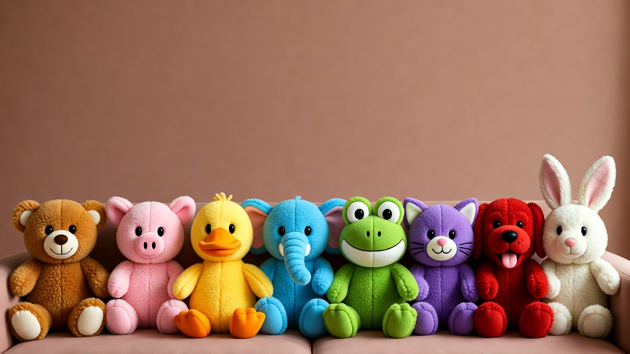 Colorful plush toys lined on sofa Colorful plush toys lined on sofa