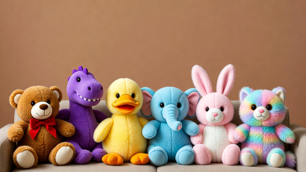 Colorful plush toys on sofa Colorful plush toys on sofa