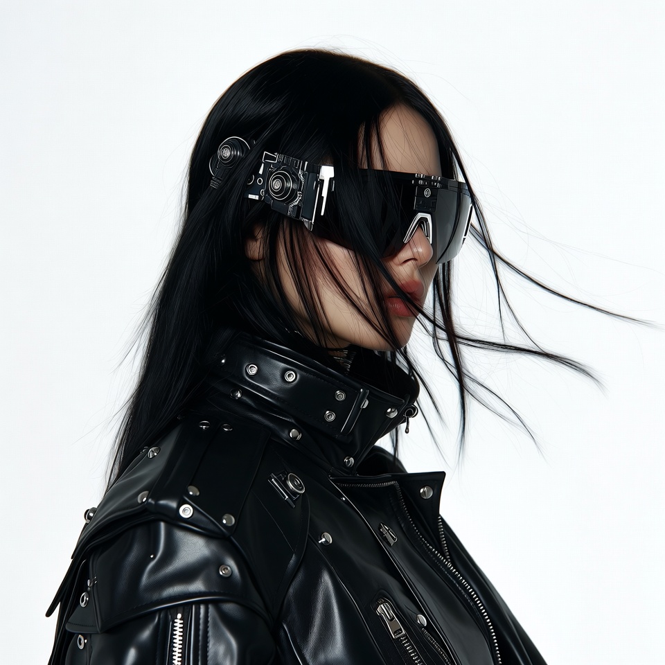 Asian woman in futuristic black leather jacket Asian woman in futuristic black leather jacket