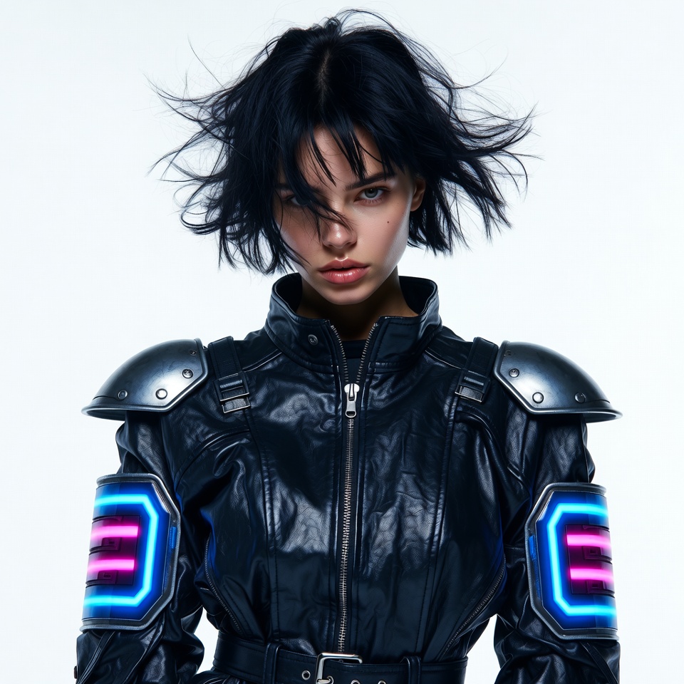 Woman in cyberpunk leather jacket Woman in cyberpunk leather jacket