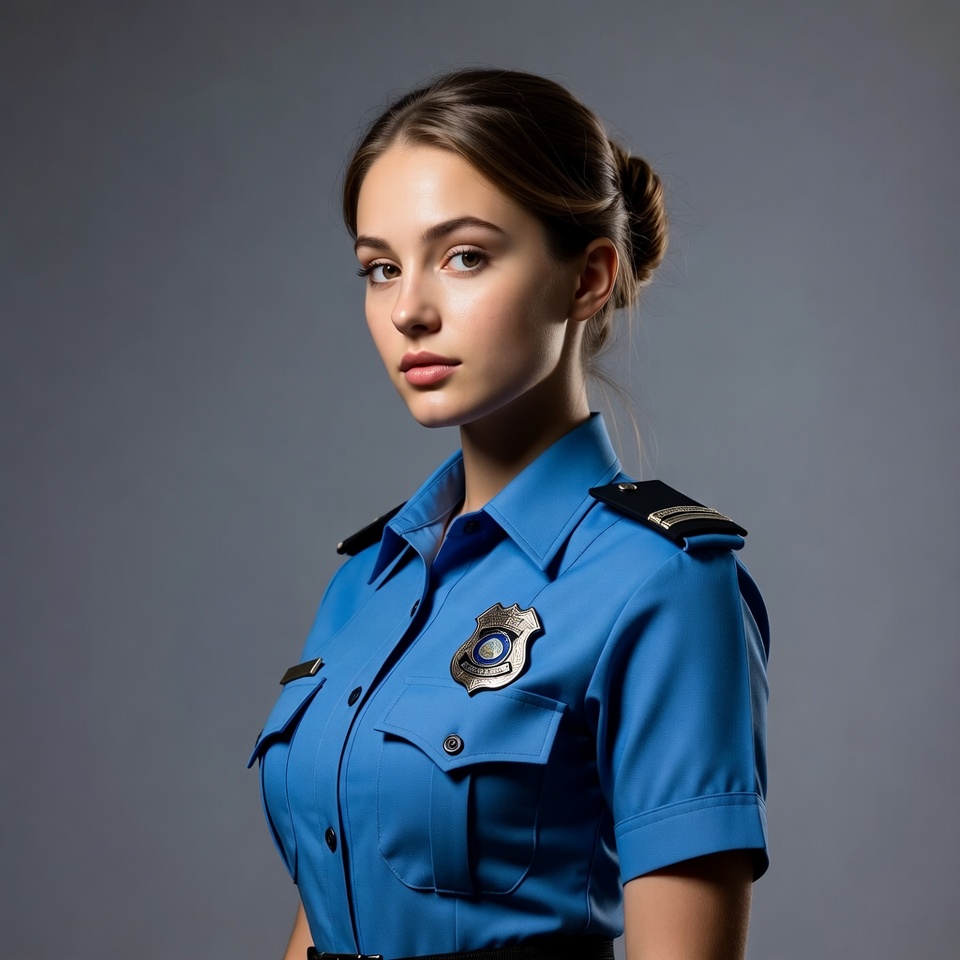 Young woman in blue police uniform Young woman in blue police uniform