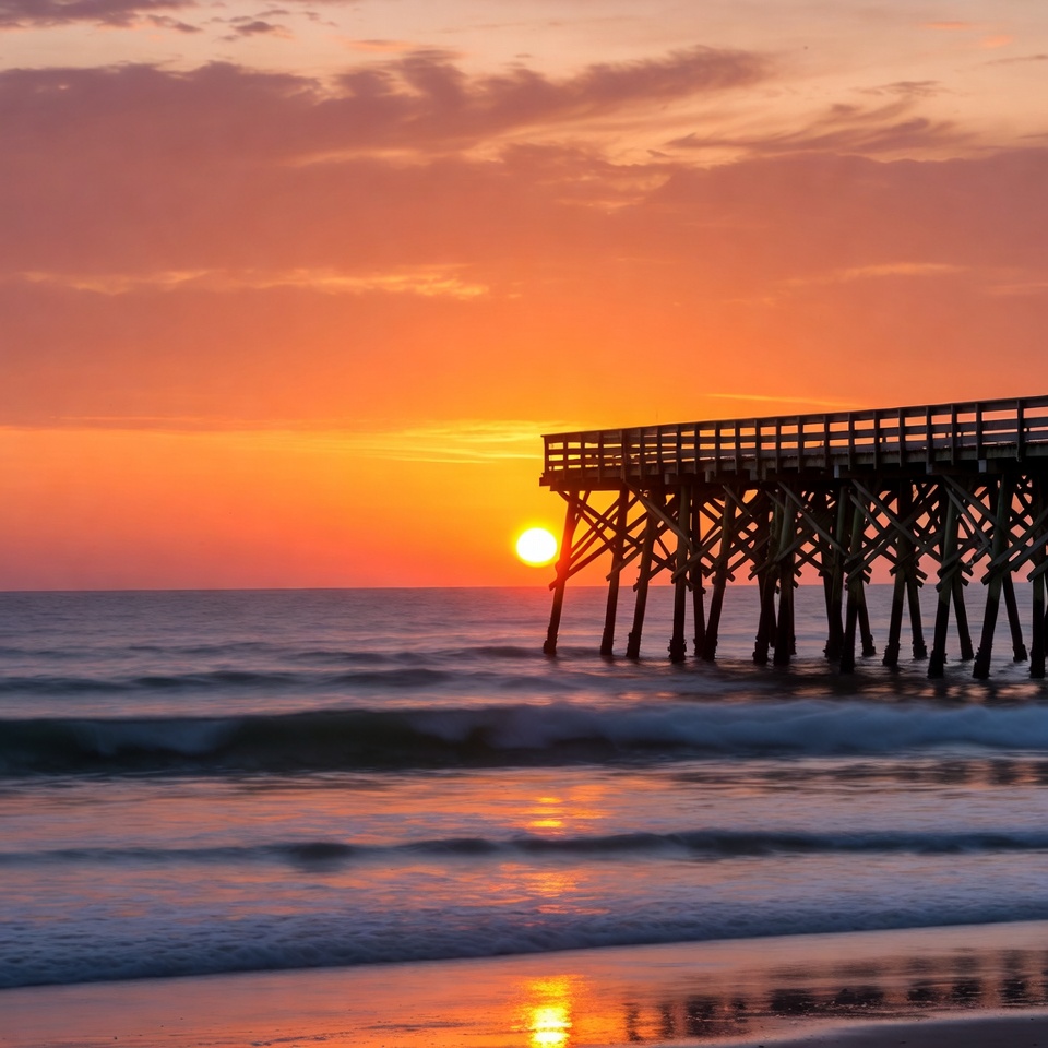 Sunset over beach pier Sunset over beach pier