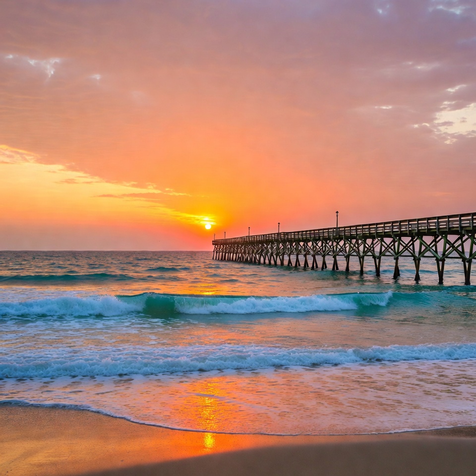 Sunset over pier and ocean waves Sunset over pier and ocean waves