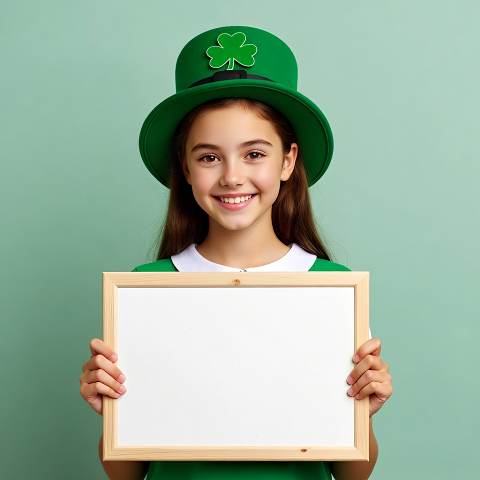 Girl holding blank sign in leprechaun hat Girl holding blank sign in leprechaun hat