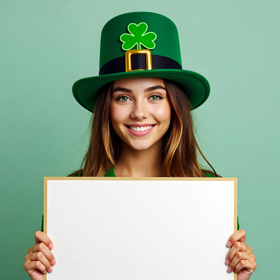 Woman holding blank sign in leprechaun hat Woman holding blank sign in leprechaun hat
