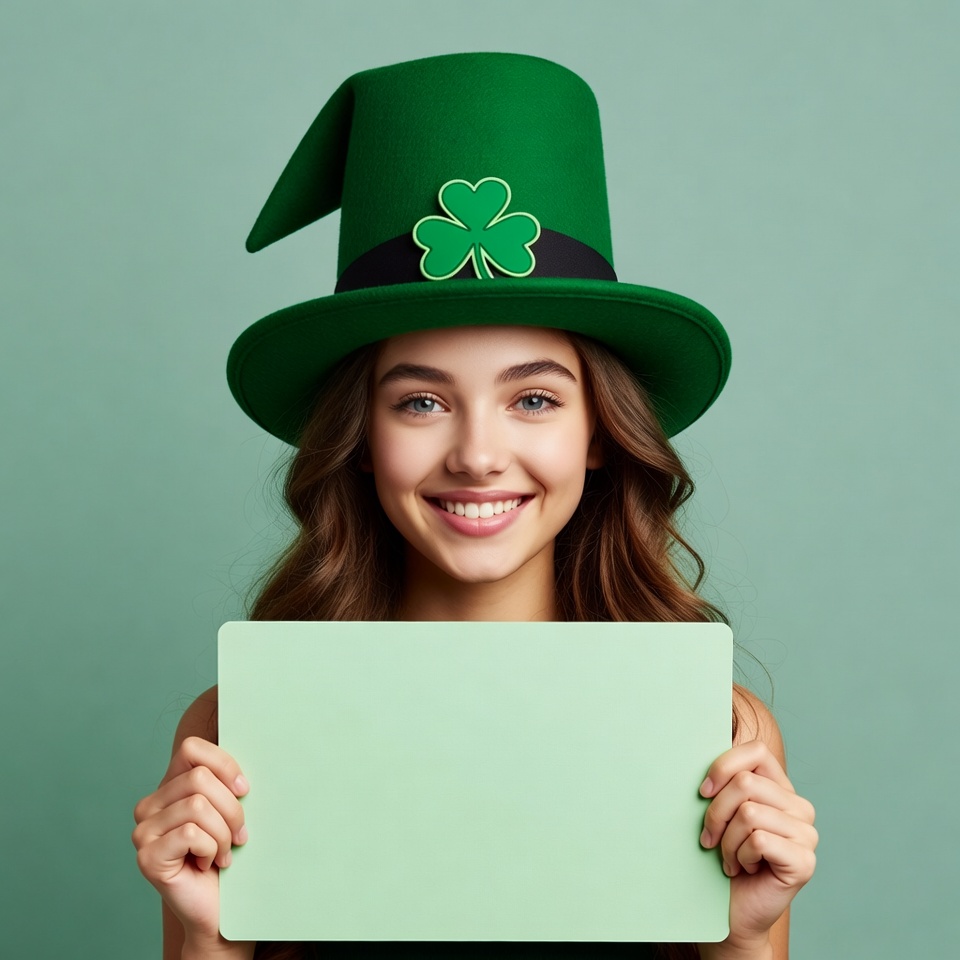 Girl holding blank sign in leprechaun hat Girl holding blank sign in leprechaun hat