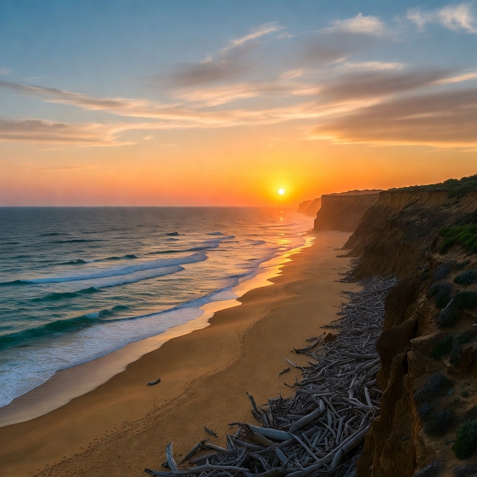 Sunset over beach with cliffs Sunset over beach with cliffs
