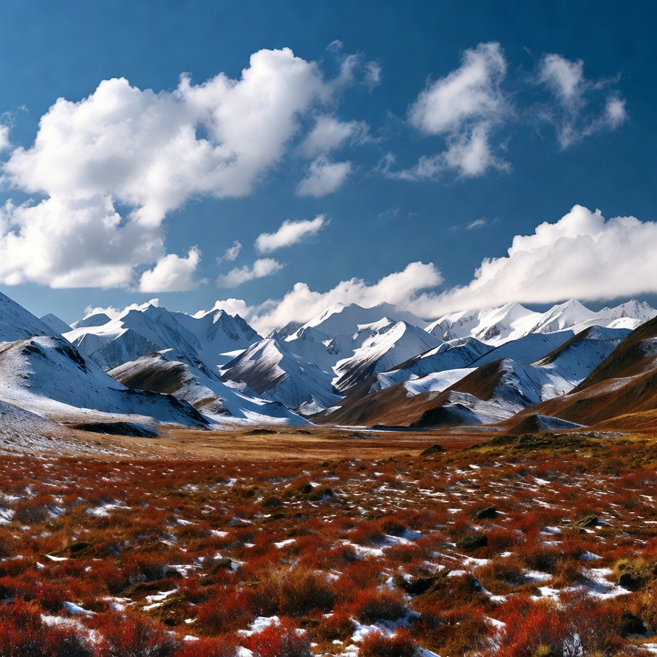 Snowy Mountains Over Red Grass Valley Snowy Mountains Over Red Grass Valley