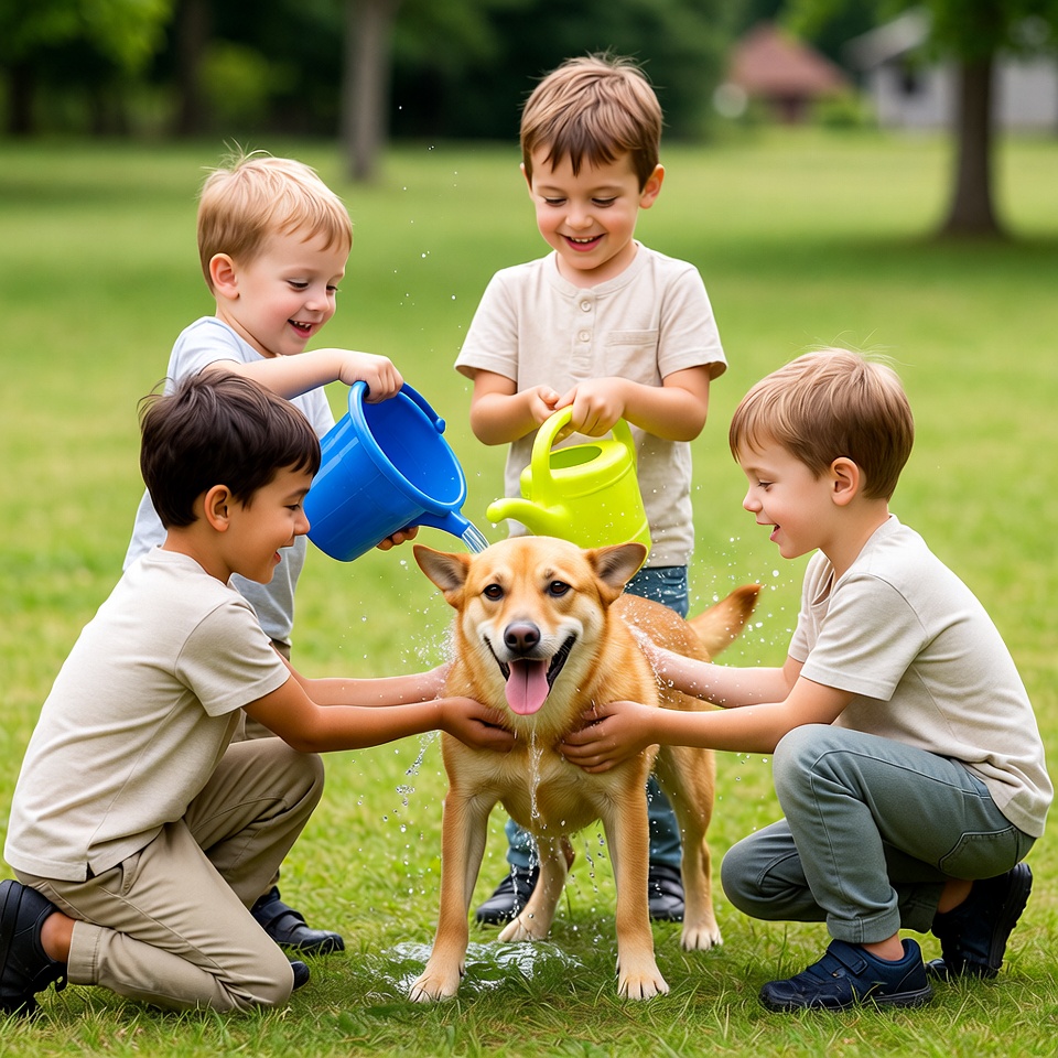 Boys washing dog with watering cans Boys washing dog with watering cans