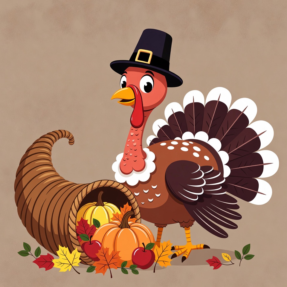 Cartoon Turkey with Pilgrim Hat and Cornucopia Cartoon Turkey with Pilgrim Hat and Cornucopia