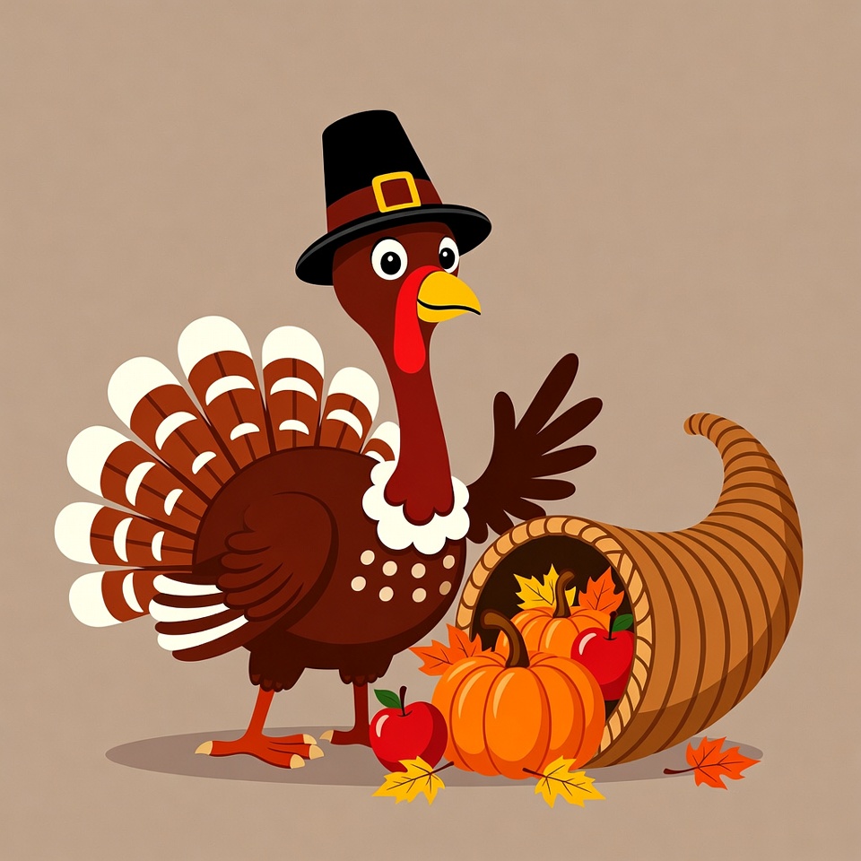Cartoon Turkey with Pilgrim Hat and Cornucopia Cartoon Turkey with Pilgrim Hat and Cornucopia