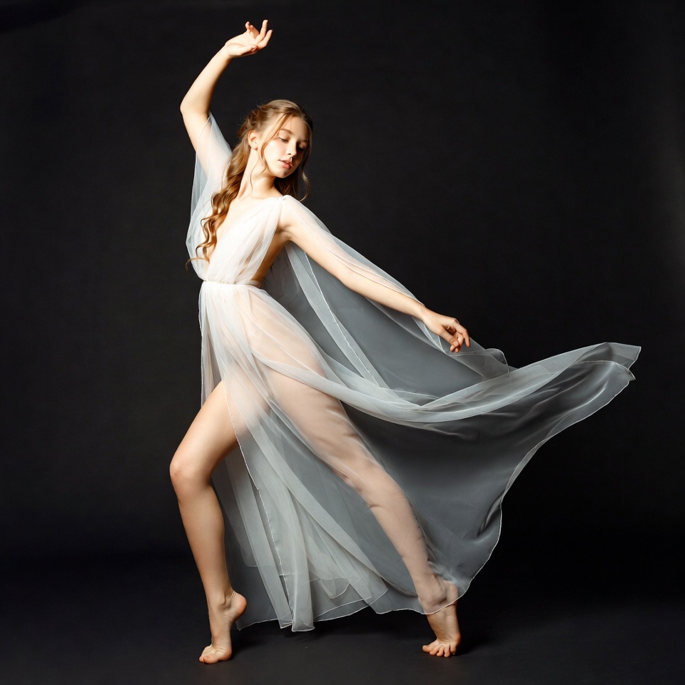 Woman dancing in flowing white dress Woman dancing in flowing white dress