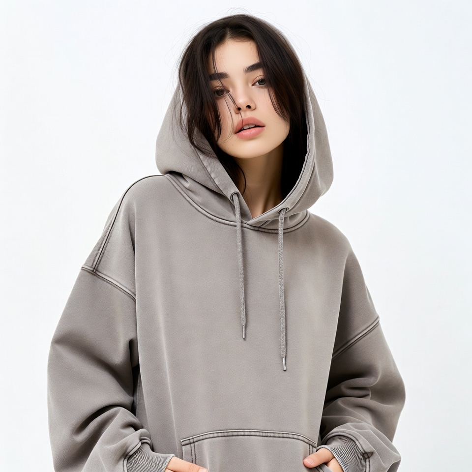 Woman in gray oversized hoodie Woman in gray oversized hoodie