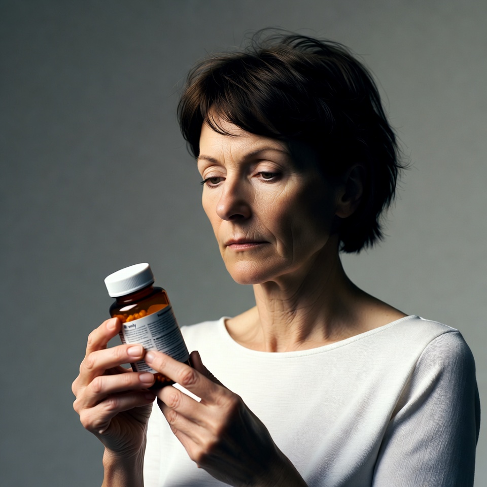 Mature woman examining pill bottle Mature woman examining pill bottle