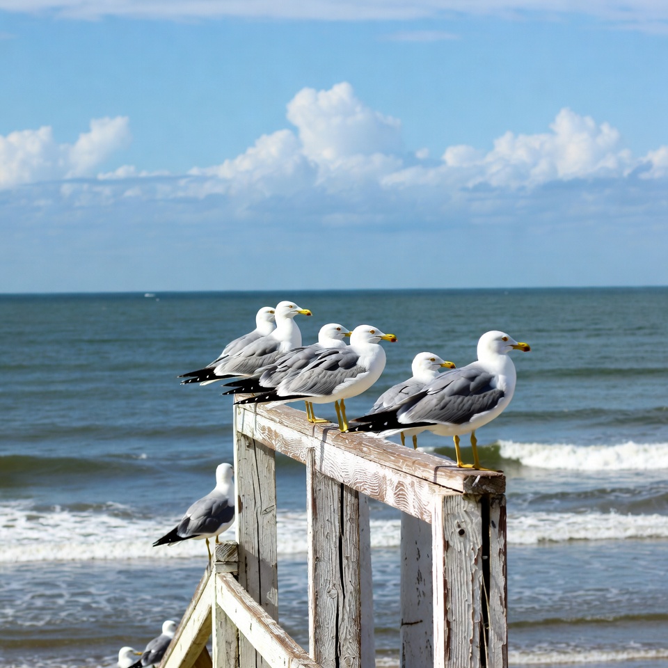 Seagulls perched on beach pier railing Seagulls perched on beach pier railing