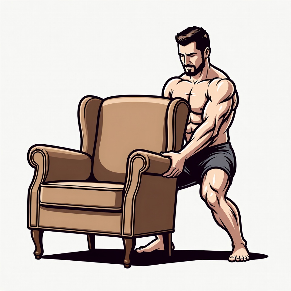 Muscular man lifting armchair Muscular man lifting armchair