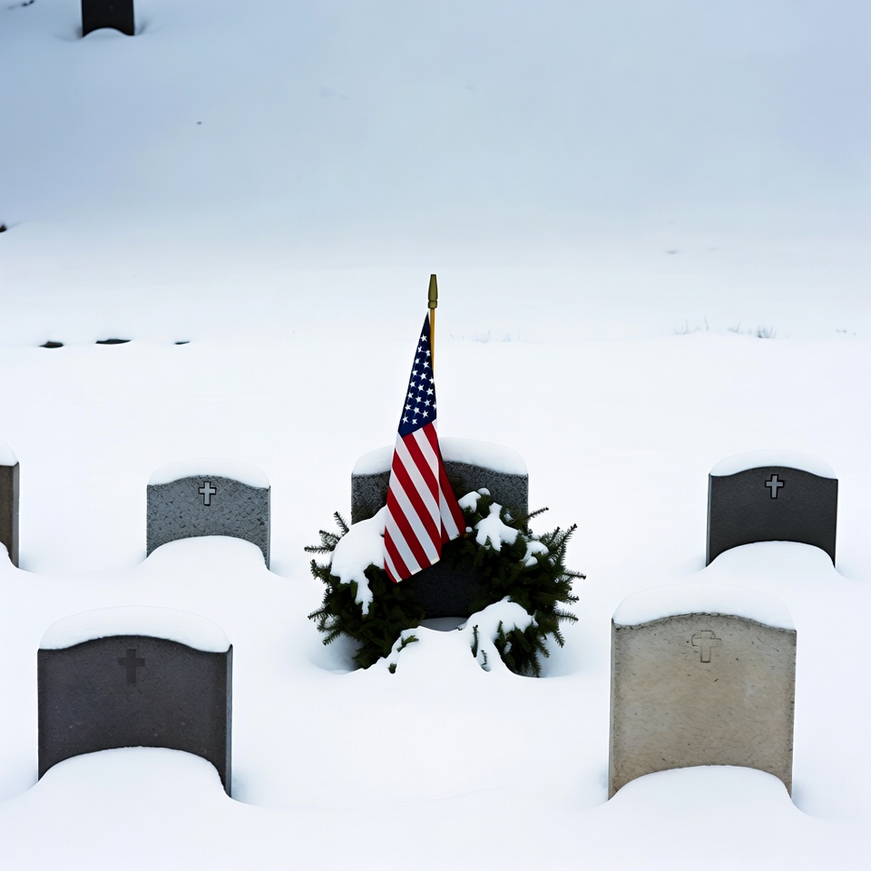 American Flag Wreath on Snowy Grave American Flag Wreath on Snowy Grave