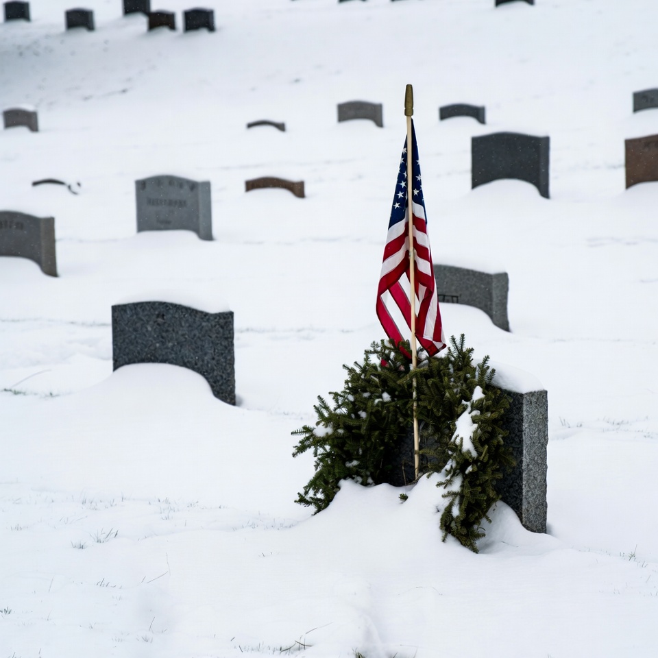 American flag and wreath on snowy gravestone American flag and wreath on snowy gravestone