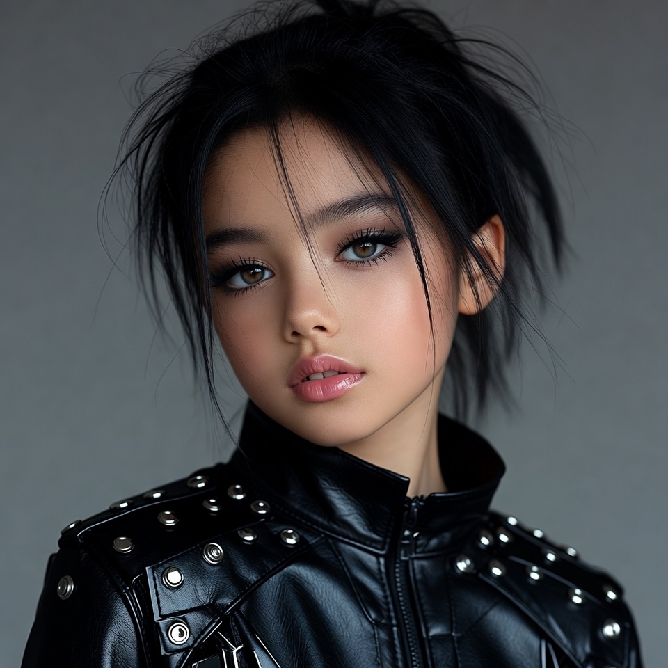 Asian girl in studded leather jacket Asian girl in studded leather jacket