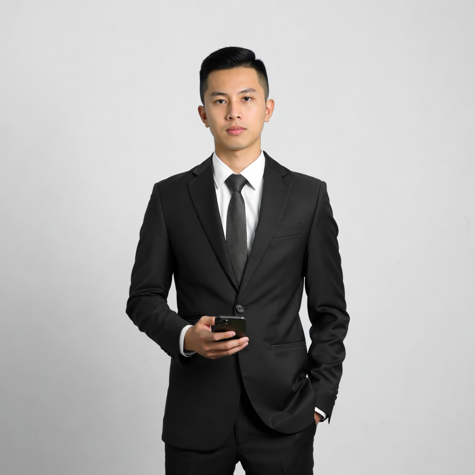 Asian man in suit holding phone Asian man in suit holding phone