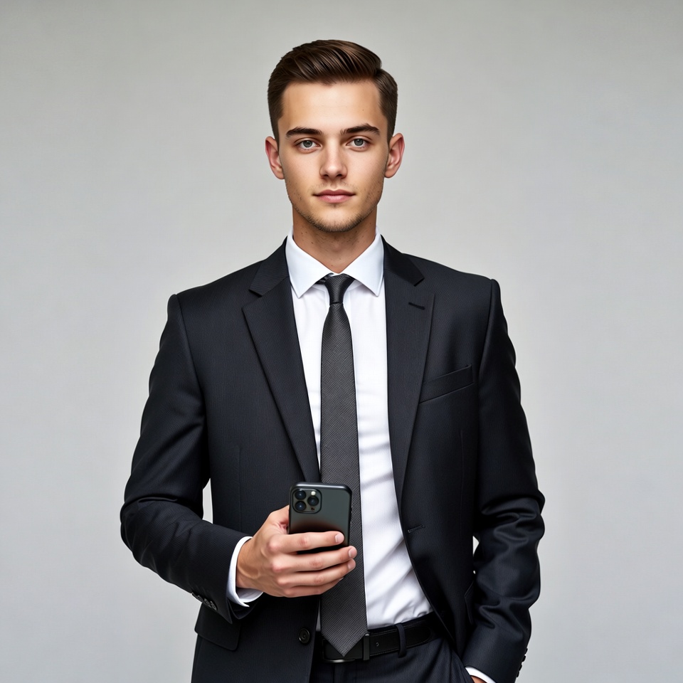 Young man in suit holding smartphone Young man in suit holding smartphone