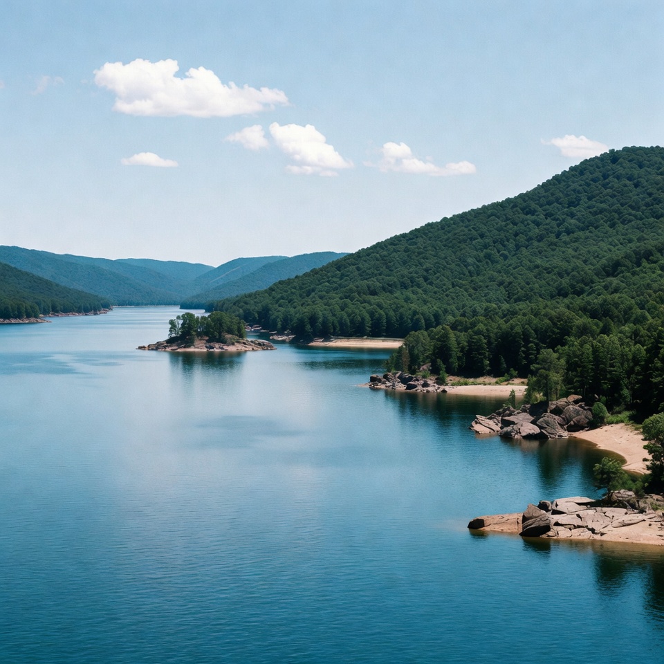 Serene Lake Surrounded by Forested Mountains Serene Lake Surrounded by Forested Mountains
