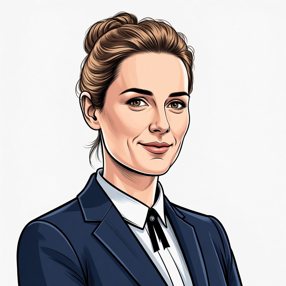 Woman in navy suit with bun hairstyle Woman in navy suit with bun hairstyle