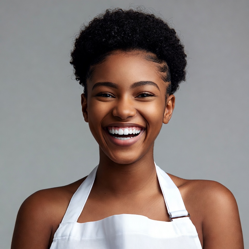 Smiling African-American woman in white apron Smiling African-American woman in white apron