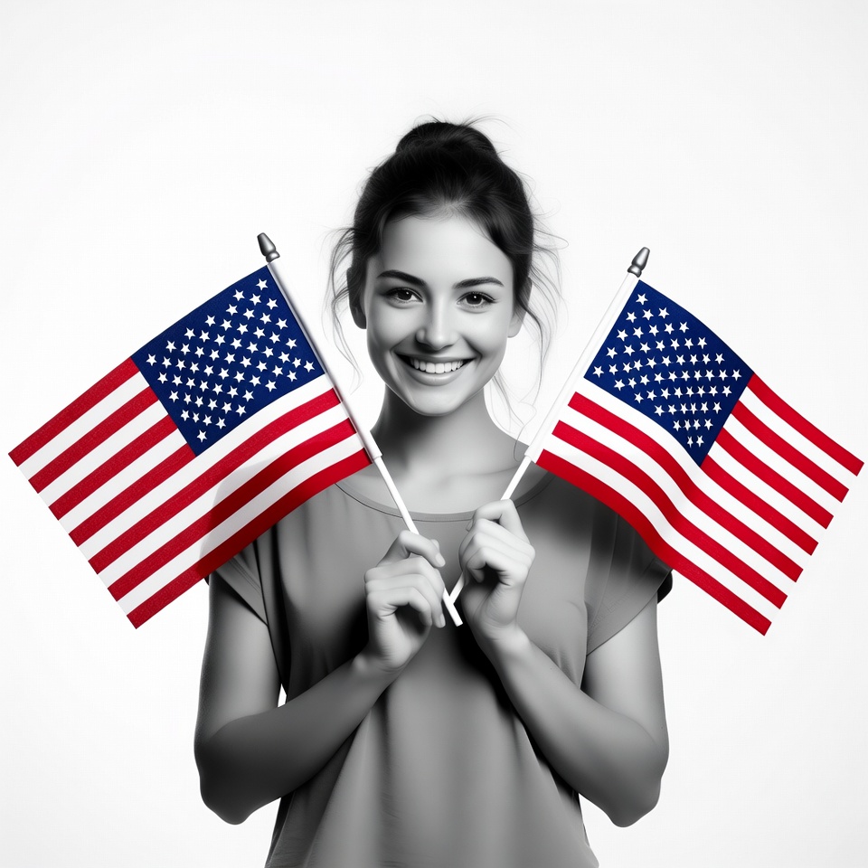 Young woman holding American flags Young woman holding American flags