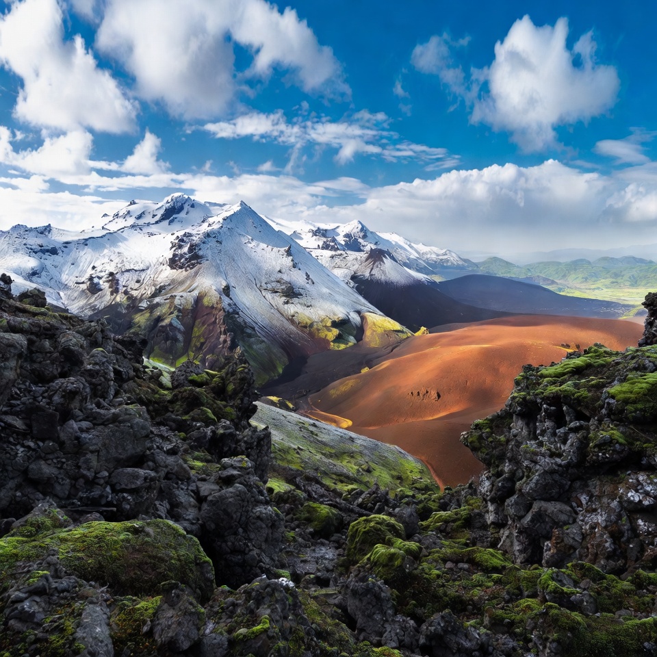 Icelandic Volcano with Snowy Peaks and Sand Dunes Icelandic Volcano with Snowy Peaks and Sand Dunes