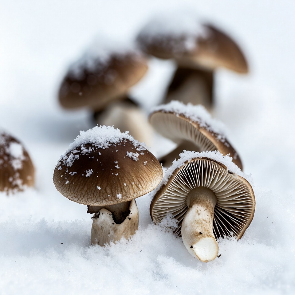 Snow-Covered Mushrooms on Ground Snow-Covered Mushrooms on Ground