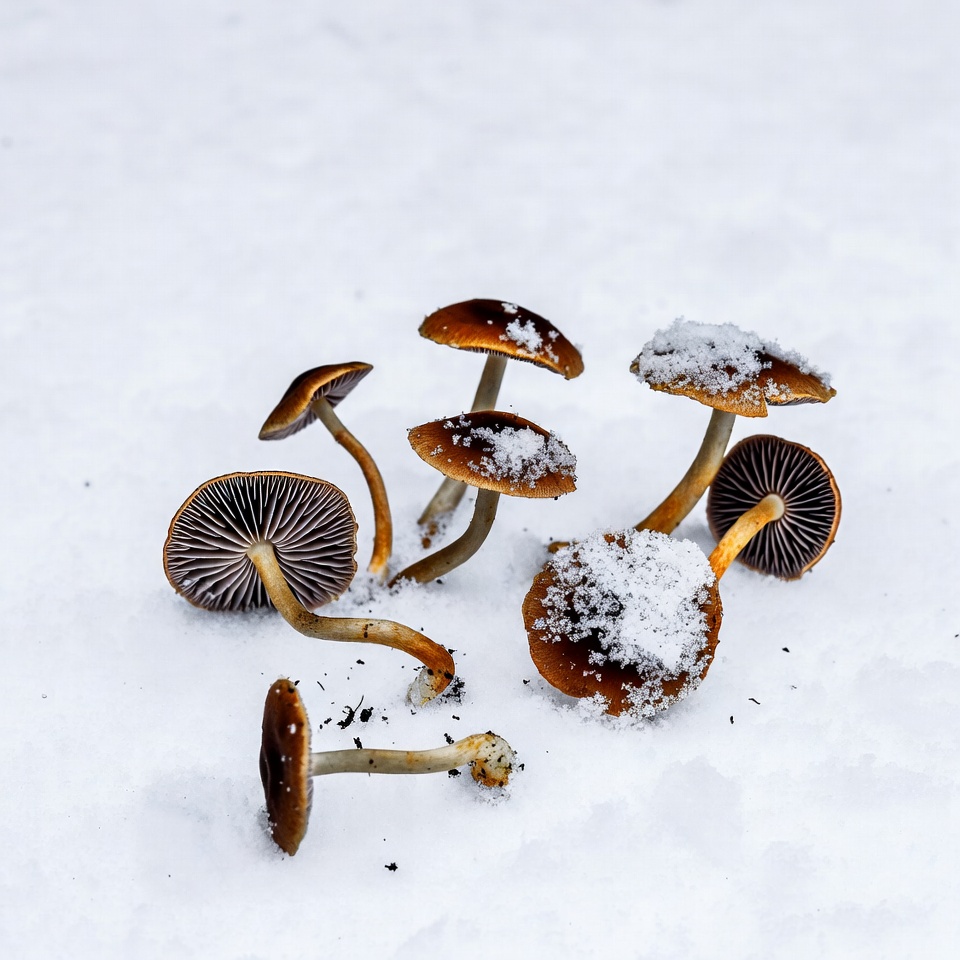 Snow-covered mushrooms on white snow Snow-covered mushrooms on white snow