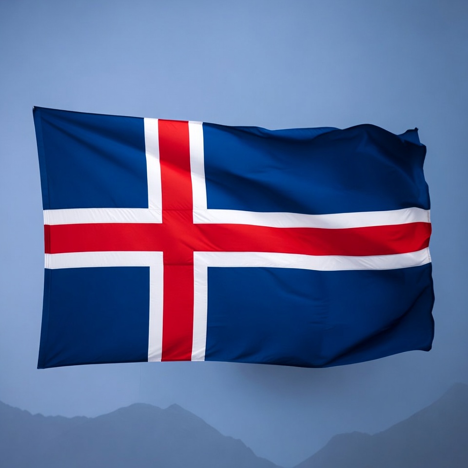 Icelandic Flag Waving Against Mountains Icelandic Flag Waving Against Mountains