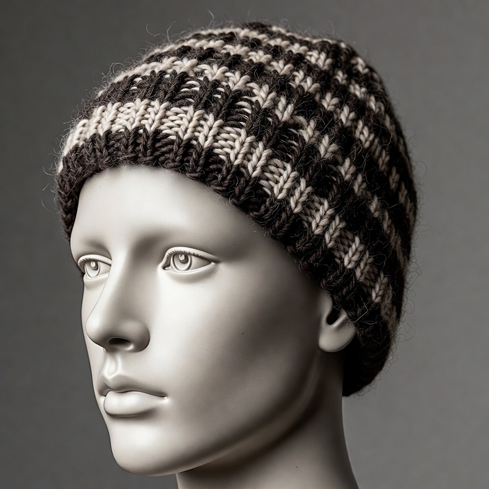 Knitted Black White Beanie on Mannequin Knitted Black White Beanie on Mannequin