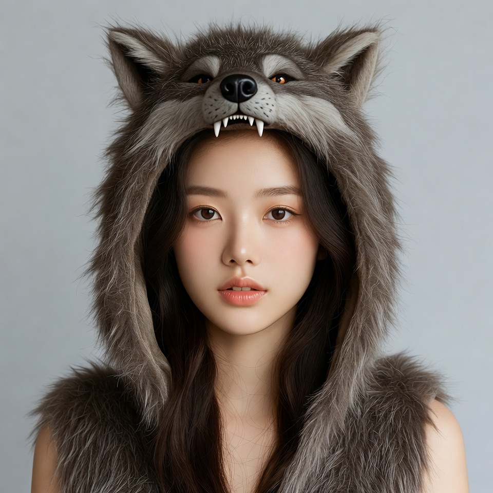 Asian woman wearing wolf hood Asian woman wearing wolf hood
