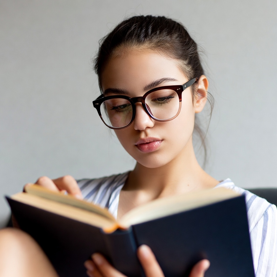 Young woman reading book with glasses Young woman reading book with glasses