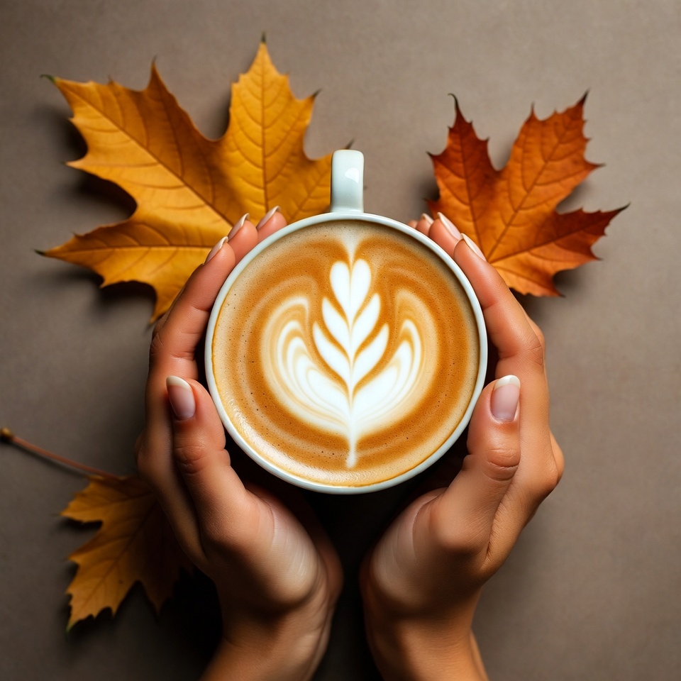 Hands Holding Latte with Autumn Leaves Hands Holding Latte with Autumn Leaves