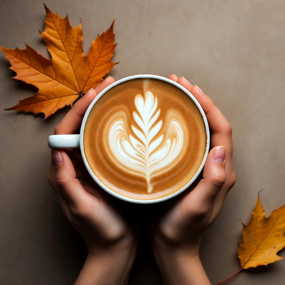 Hands Holding Latte with Maple Leaves Hands Holding Latte with Maple Leaves
