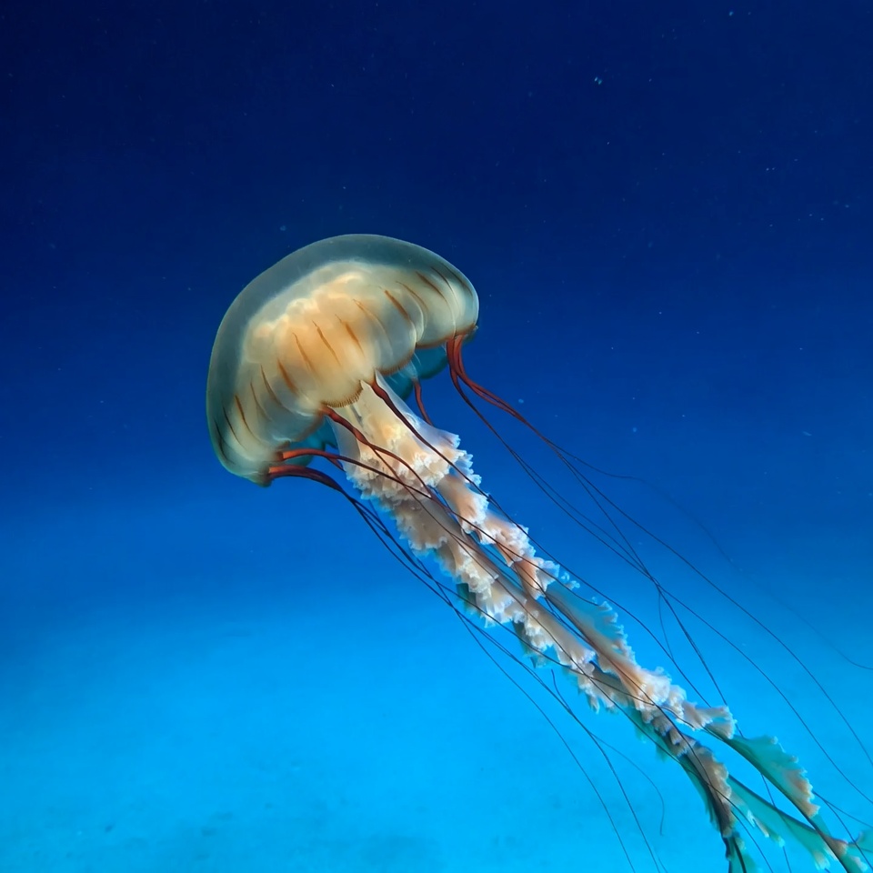 Orange Jellyfish in Deep Blue Ocean Orange Jellyfish in Deep Blue Ocean