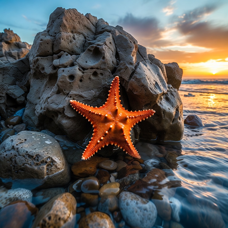 Orange Starfish on Rocky Shore at Sunset Orange Starfish on Rocky Shore at Sunset