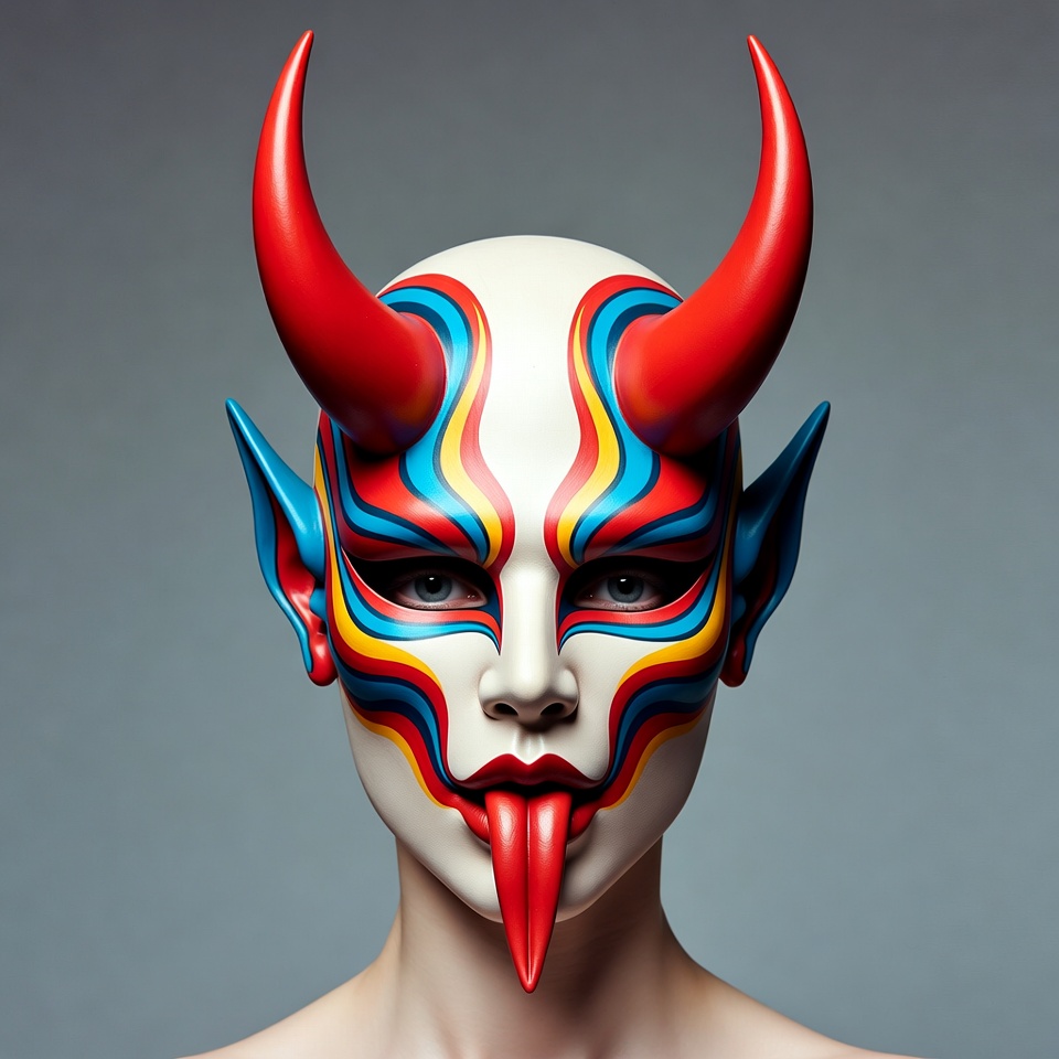 Woman wearing colorful demon mask Woman wearing colorful demon mask