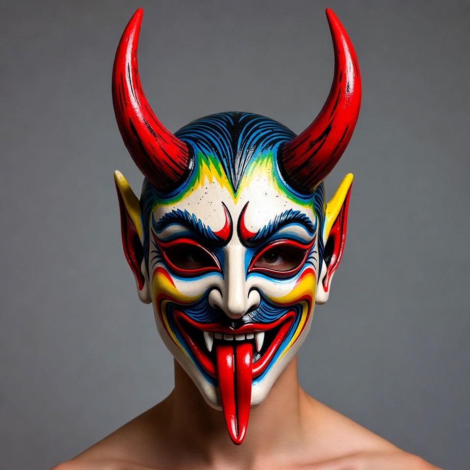 Person wearing colorful demon mask Person wearing colorful demon mask
