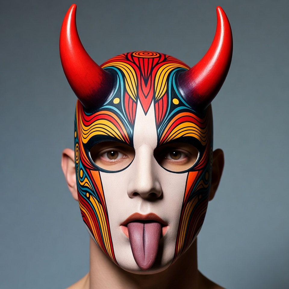Man wearing colorful demon mask Man wearing colorful demon mask