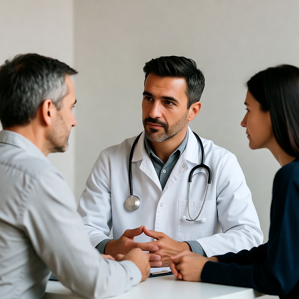 Doctor consulting middle-aged couple Doctor consulting middle-aged couple