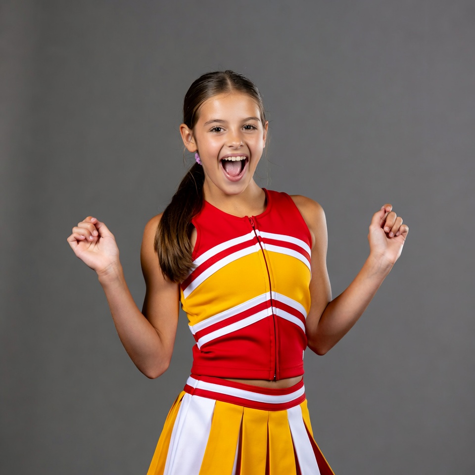 Young girl cheering in red yellow cheerleader uniform Young girl cheering in red yellow cheerleader uniform