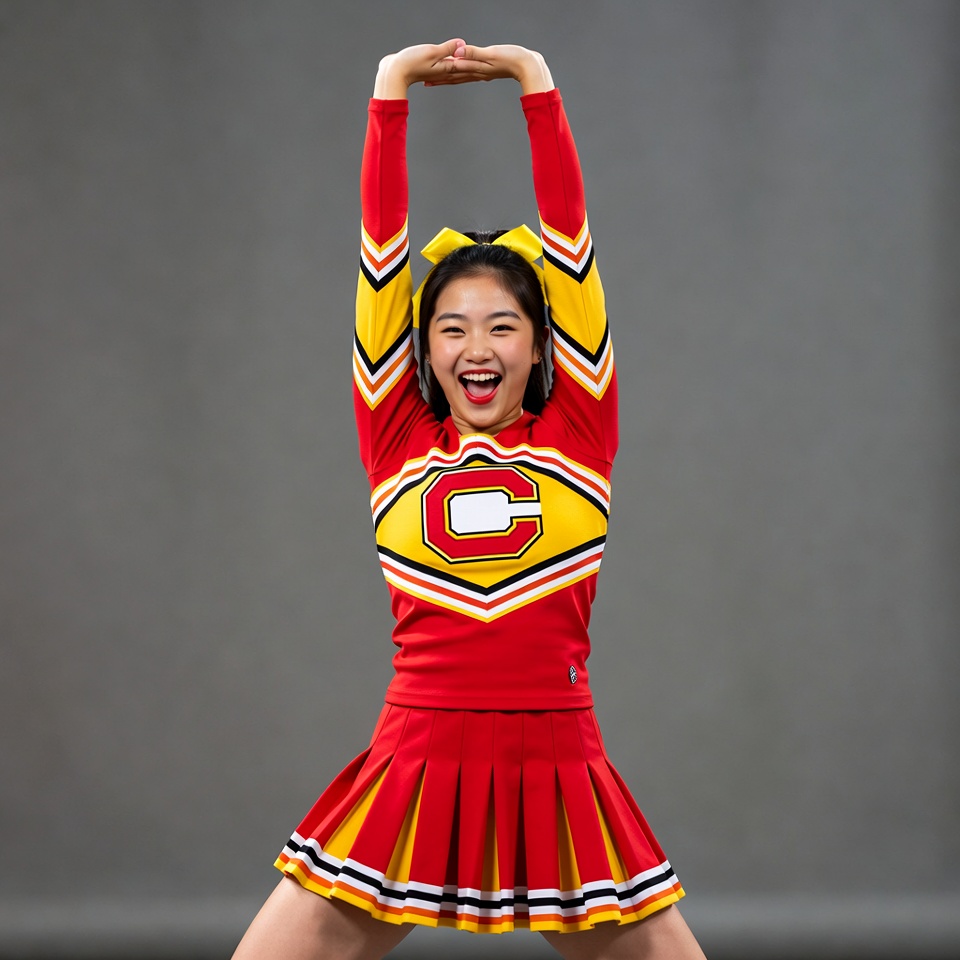 Asian cheerleader stretching arms high Asian cheerleader stretching arms high