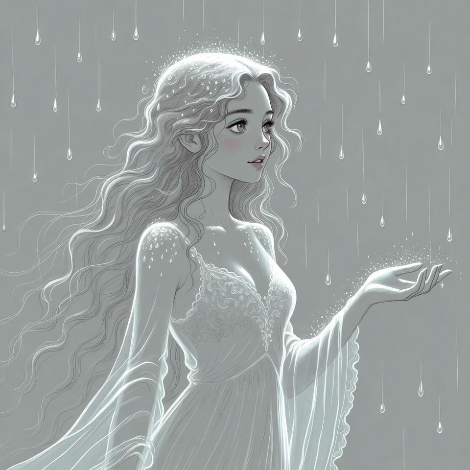 Ethereal woman catching raindrops Ethereal woman catching raindrops