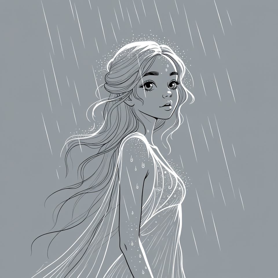 Woman standing in rain illustration Woman standing in rain illustration
